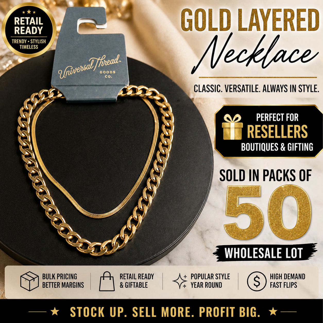 50 Pack Wholesale Plated Chains - Burnished Gold 2 Row
