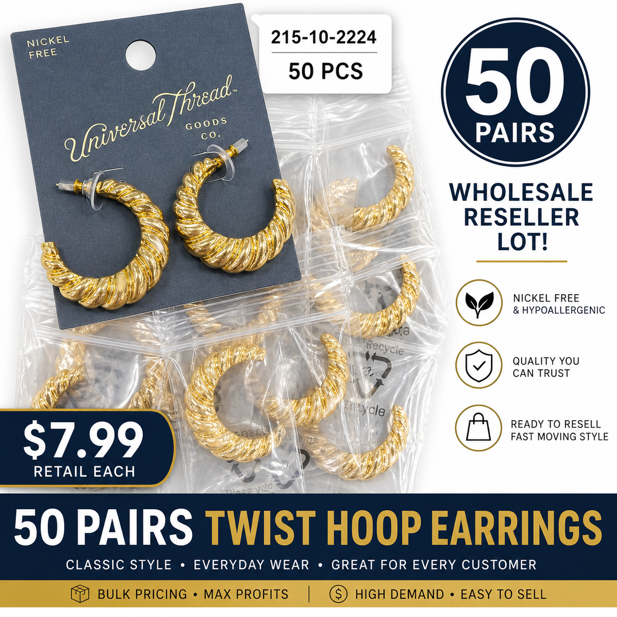 50 Pack Wholesale Hoop Earrings - Croissant