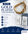 50 Pack Wholesale Bracelets - Gold Plated 3 Row