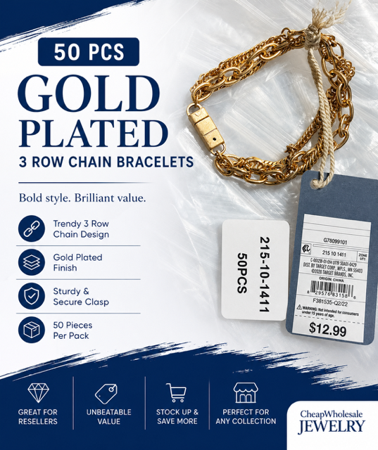 50 Pack Wholesale Bracelets - Gold Plated 3 Row